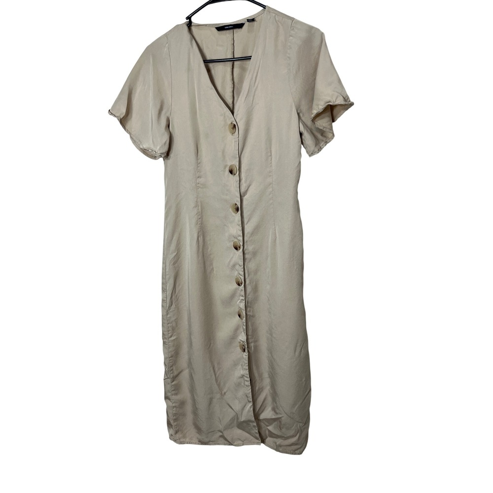 Vero Moda Button Down Midi Dress Beige Short Sleeve‎ Womens S